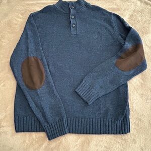 Chaps Blue Knit Men’s Sweater with Elbow Patches Qtr Button Up Sz Med